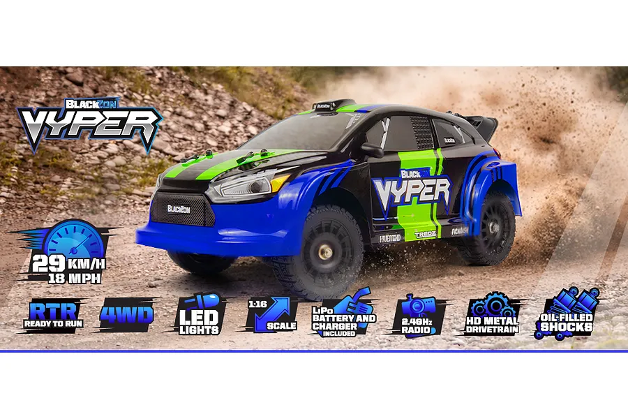 BlackZon Vyper RX RC Rally Car Electric 4WD 1/16 Scale RTR - Blue image 153065