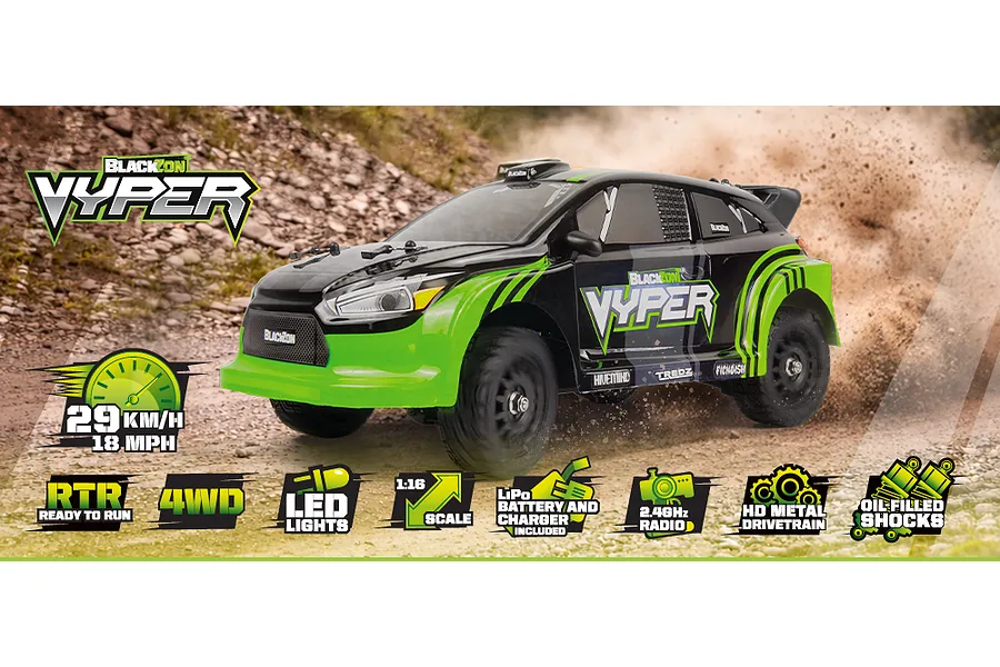 BlackZon Vyper RX RC Rally Car Electric 4WD 1/16 Scale RTR - Green image 153066