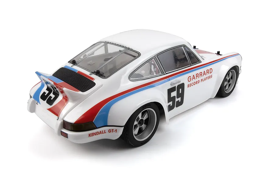 Rear three-quarter view of a white HPI Sport 3 Flux 1973 Porsche Carrera RSR RC car with red and blue racing stripes and number 59 decals.