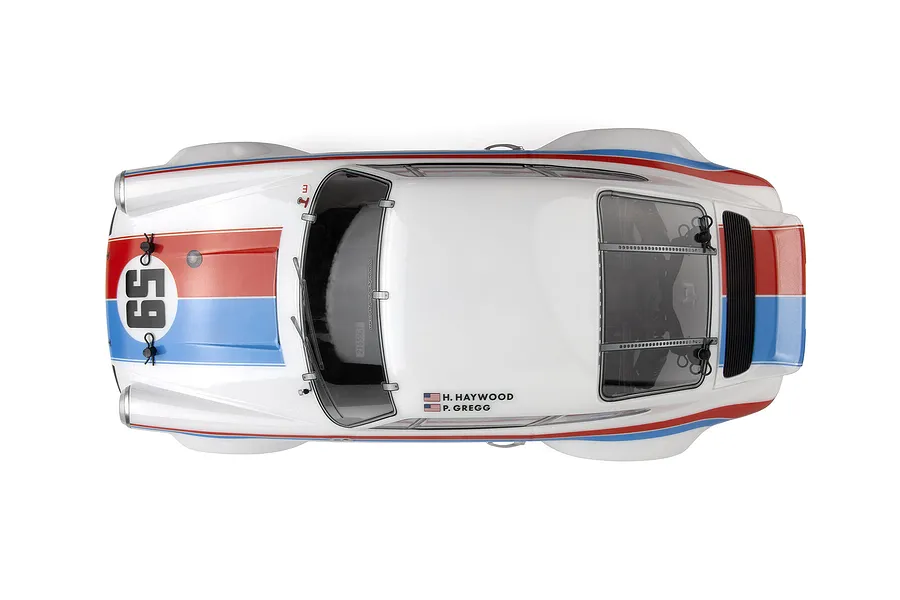 Top-down view of the HPI Sport 3 Flux 1973 Brumos Porsche Carrera RSR RC car with white body, red and blue racing stripes, and number 59 decals.