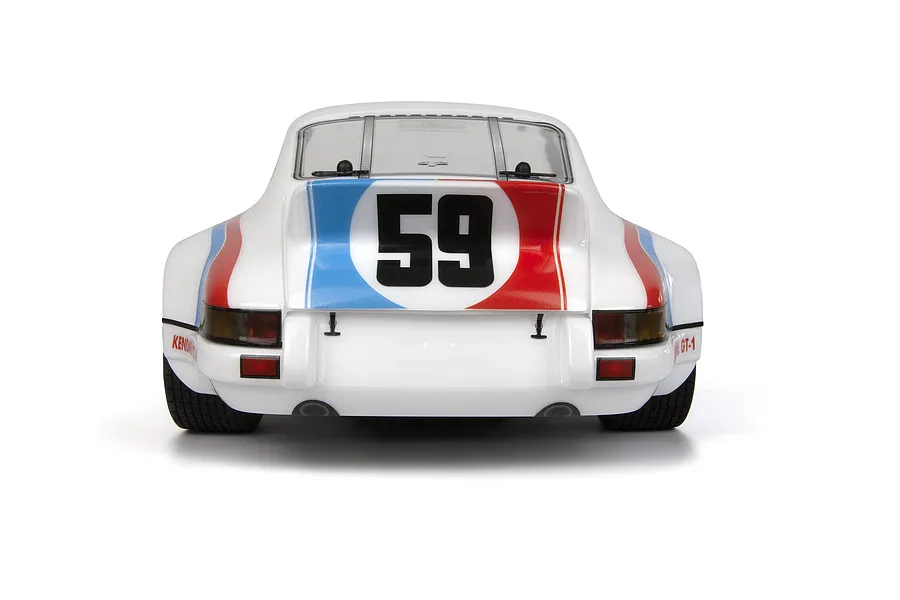Rear view of the HPI Sport 3 Flux 1973 Brumos Porsche Carrera RSR RC car featuring the iconic number 59 livery on a white body.