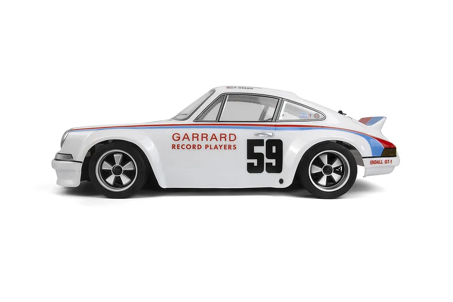 Side profile of the HPI Sport 3 Flux 1973 Brumos Porsche Carrera RSR RC car in white with racing livery, number 59, and Garrard branding.