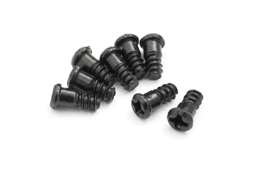 A cluster of eight black metal button head screws with coarse threads, isolated on a white background.