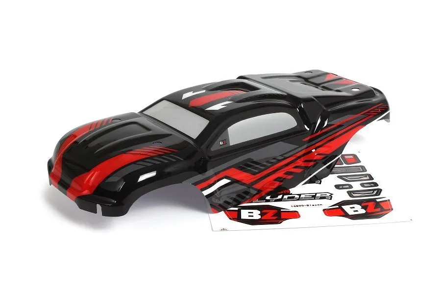 BlackZon 1/16 Slyder ST painted body shell in black and red with an included decal sheet on a white background.