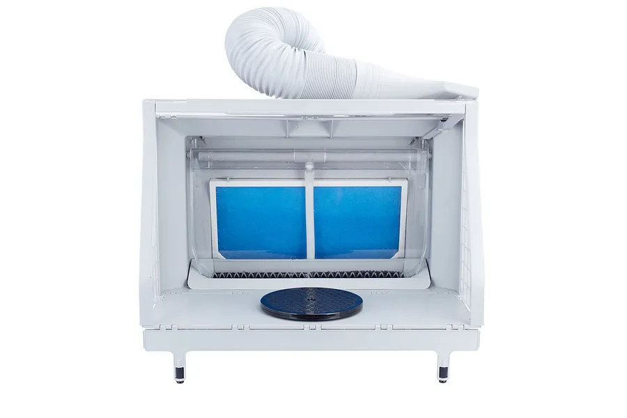 Hseng water curtain airbrush spray booth with a white exhaust hose, blue filter panel, and a black rotating turntable on a white background.