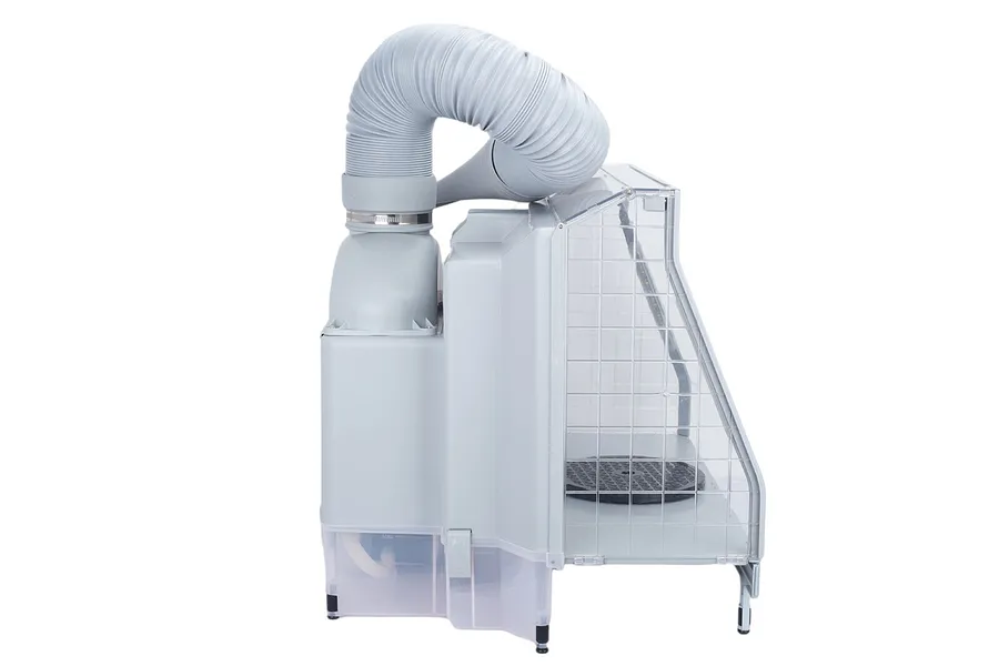 Side view of a grey Hseng water curtain airbrush spray booth with an attached flexible exhaust hose on a white background.