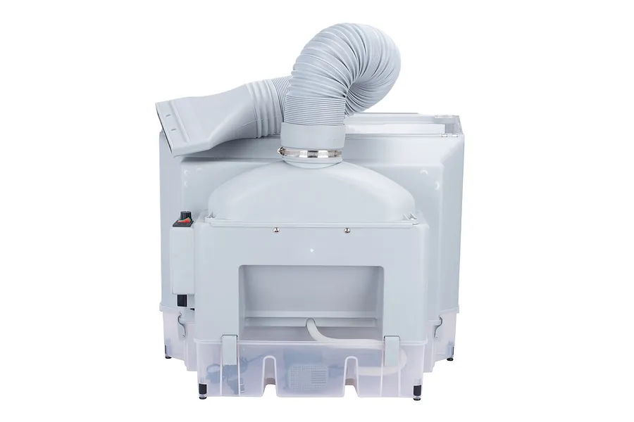 Rear view of the Hseng HS-E600 water curtain spray booth showing the exhaust hose, power switch, and water reservoir base.