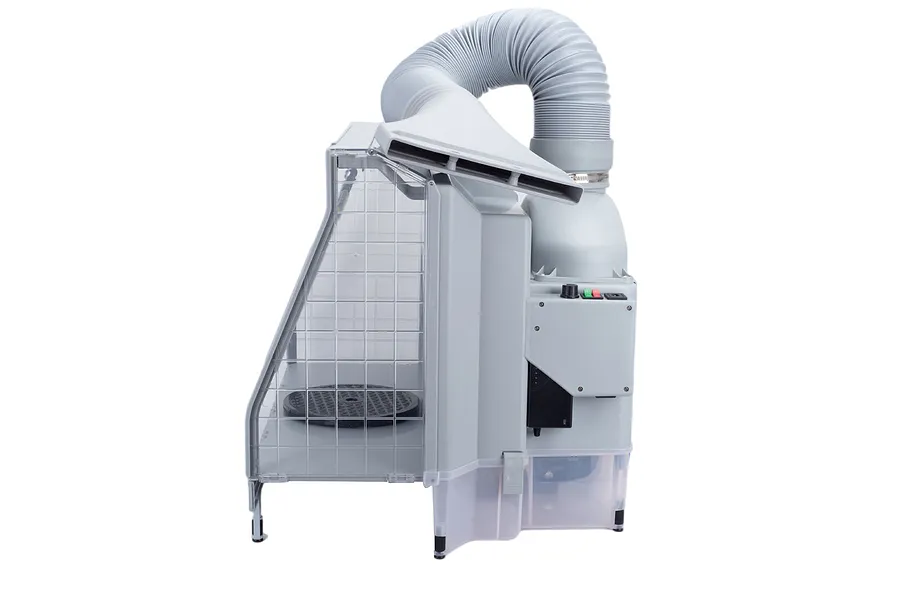 Side view of a grey Hseng water curtain airbrush spray booth with an attached flexible exhaust hose and control panel.
