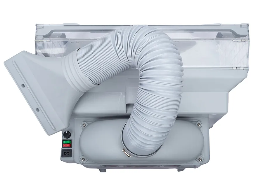 Top-down view of a Hseng water curtain spray booth showing the grey plastic housing, flexible exhaust hose, and control panel with switches.