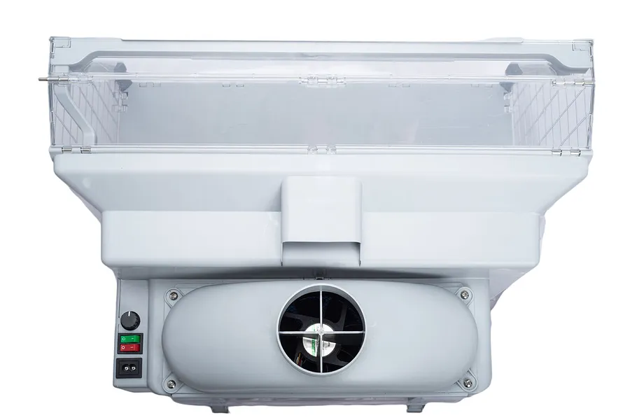 Top-down view of a grey Hseng airbrush spray booth showing the exhaust fan housing, control switches, and clear plastic hood.