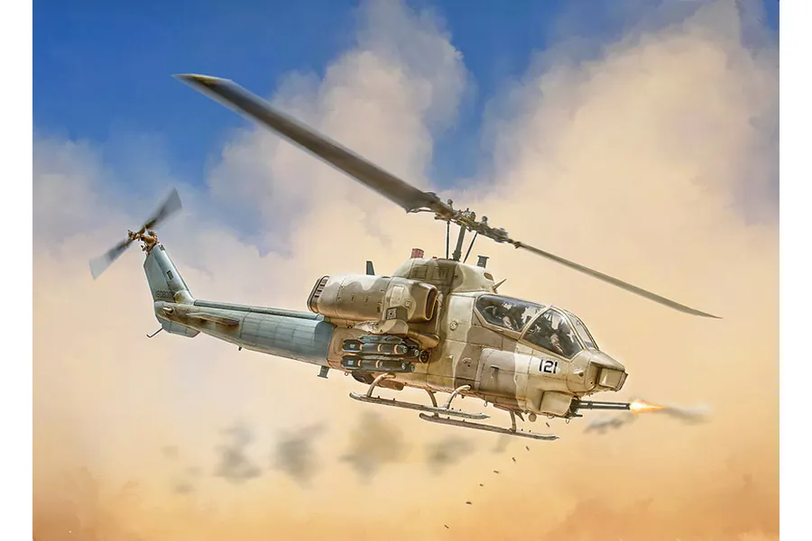 An artistic illustration of an AH-1W Super Cobra attack helicopter in flight against a cloudy sky, firing its nose-mounted cannon.