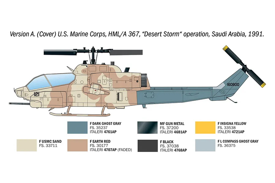 A technical illustration of an AH-1W Super Cobra helicopter in a desert camouflage scheme, including a paint color reference guide for the model kit.