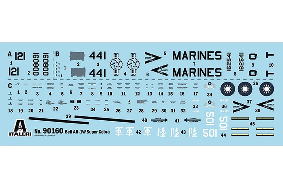 A decal sheet for an Italeri 1/72 scale Bell AH-1W Super Cobra model kit, featuring various military markings, numbers, and warning signs on a light blue backing.