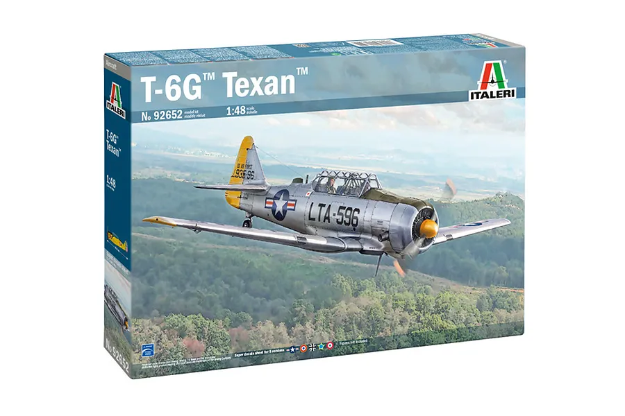 Italeri 1/48 scale T-6G Texan plastic model aircraft kit box, featuring an illustration of a silver T-6G Texan in flight over a forest landscape.