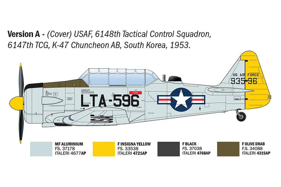 A digital profile view illustration of a T-6G Texan aircraft in USAF livery, showing paint scheme and decal placement for a model kit.