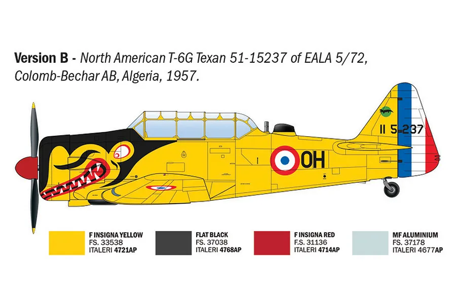 A digital profile view illustration of a North American T-6G Texan aircraft in yellow livery with shark mouth nose art and French military markings.