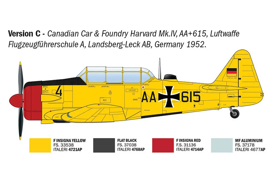 A side-profile technical illustration of a Canadian Car &amp; Foundry Harvard Mk.IV aircraft in yellow livery with German markings for an Italeri model kit.