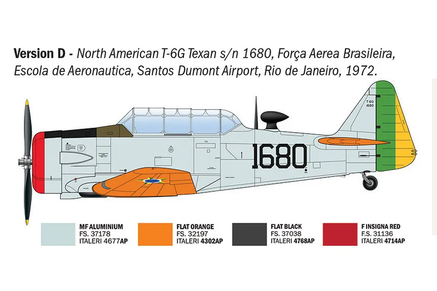 A side profile illustration of a North American T-6G Texan aircraft in Brazilian Air Force livery, showing paint scheme and colour guide.