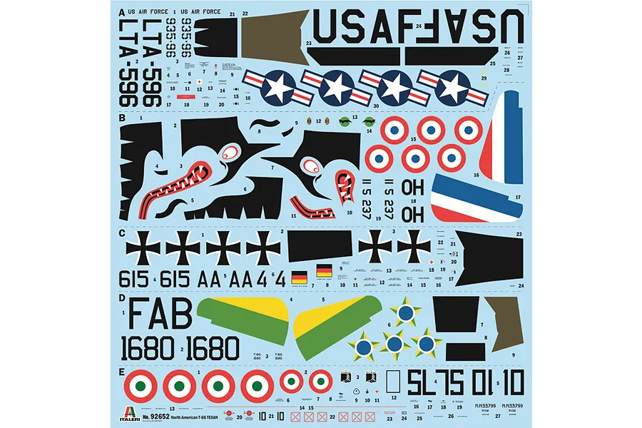 A decal sheet for a 1/48 scale Italeri T-6G Texan model kit, featuring various national insignias, serial numbers, and nose art markings.