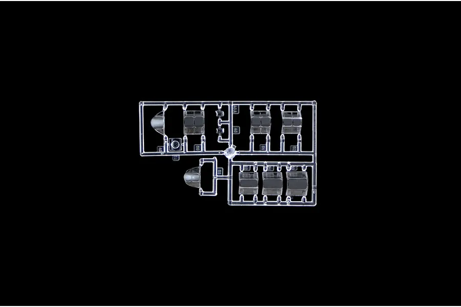 A clear plastic sprue containing various canopy and window parts for an Italeri 1/48 scale model aircraft kit, isolated against a black background.