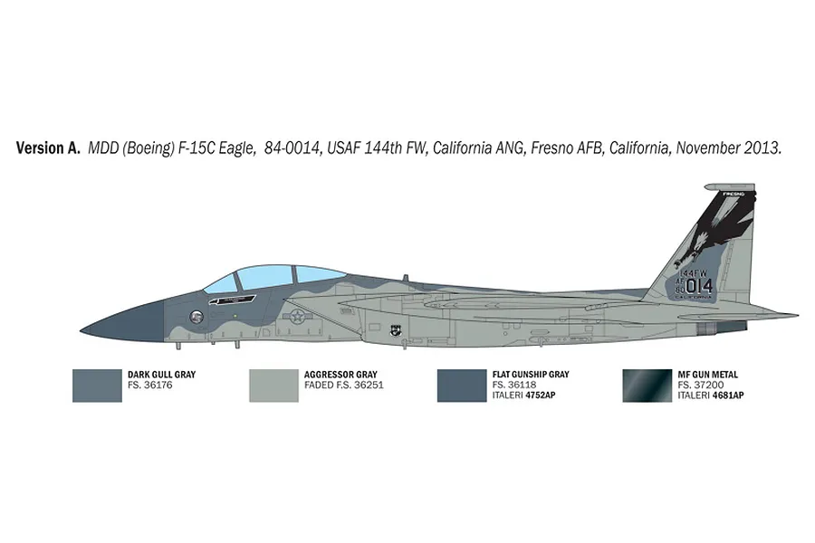 A side-profile diagram of an F-15C Eagle aircraft showing camouflage paint scheme and color callouts for a model kit.