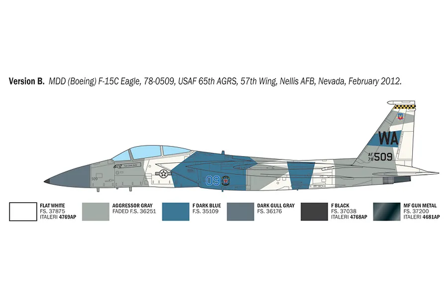 A side-profile diagram of an F-15C Eagle fighter jet in a blue and grey camouflage scheme, including a paint color reference guide.