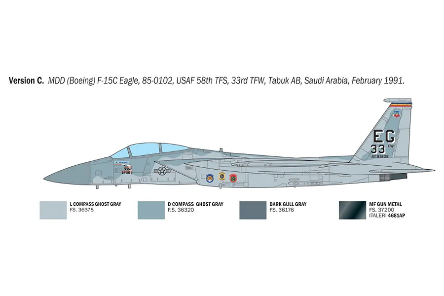 A side-profile technical illustration of an F-15C Eagle fighter jet, showing camouflage patterns, markings, and a color paint guide for the model kit.