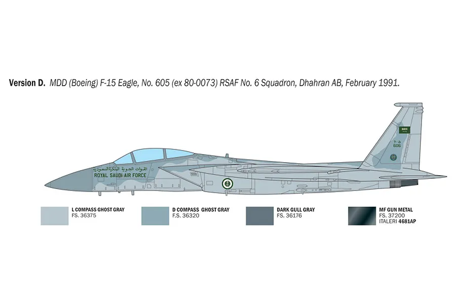 A side-profile illustration of an F-15 Eagle jet in Royal Saudi Air Force livery, showing paint scheme and color swatches for a model kit.