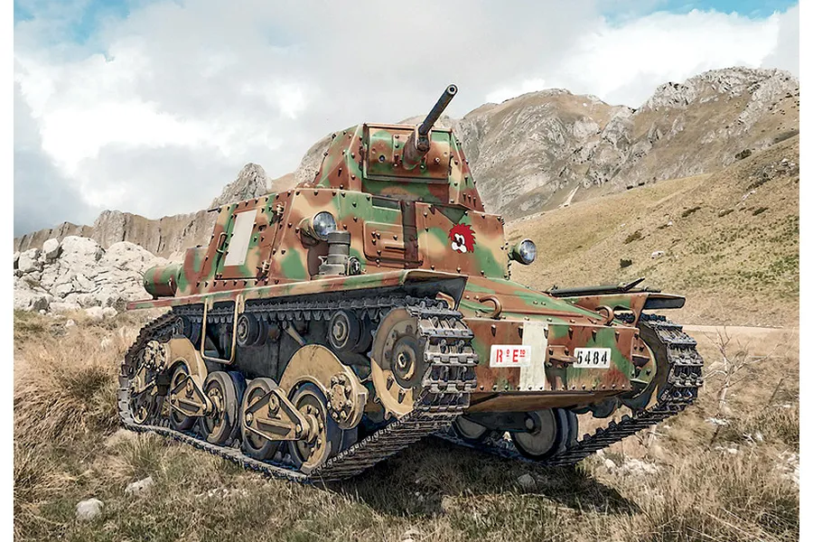 An illustration of an Italian L6/40 light tank in a mountainous landscape, featuring a camouflage paint scheme and a small cartoon character decal.