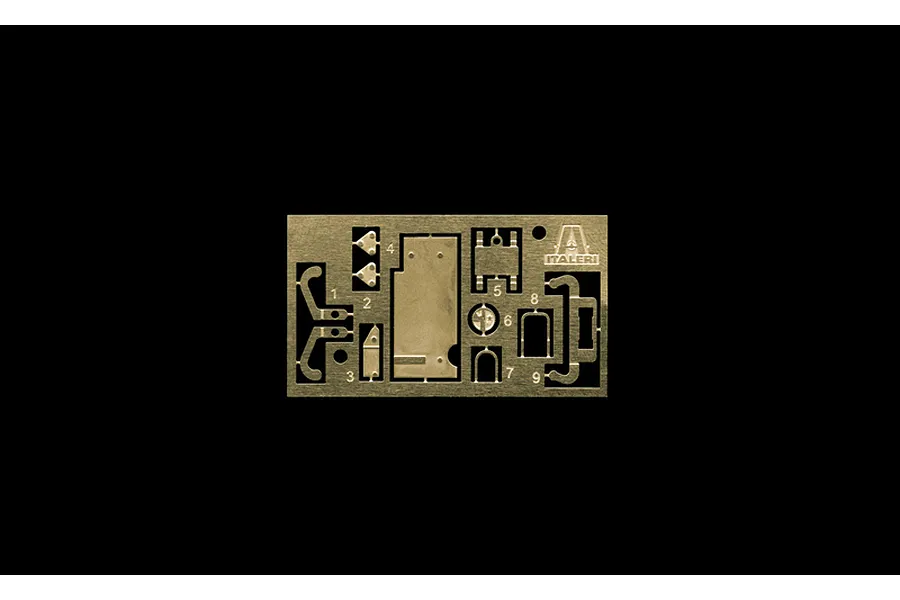 A photo-etched brass detail sheet for an Italeri 1/35 scale model kit, featuring various numbered parts on a black background.