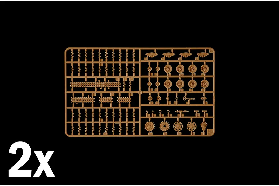 A tan plastic sprue containing various tank model parts, including road wheels, track links, and suspension components, with a 2x indicator.