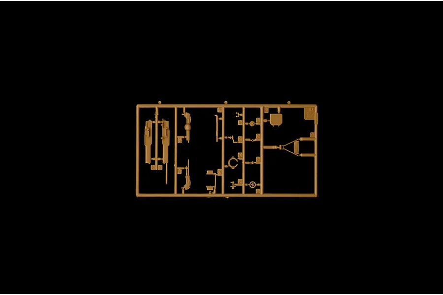 A tan plastic sprue containing various small parts for an Italeri 1/35 scale model kit, isolated against a black background.