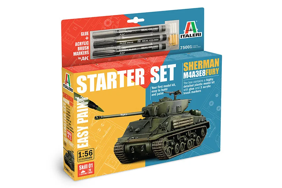 Italeri 1/56 scale Sherman M4A3E8 Fury plastic model starter kit in its retail packaging, including glue and three AK acrylic brush markers.