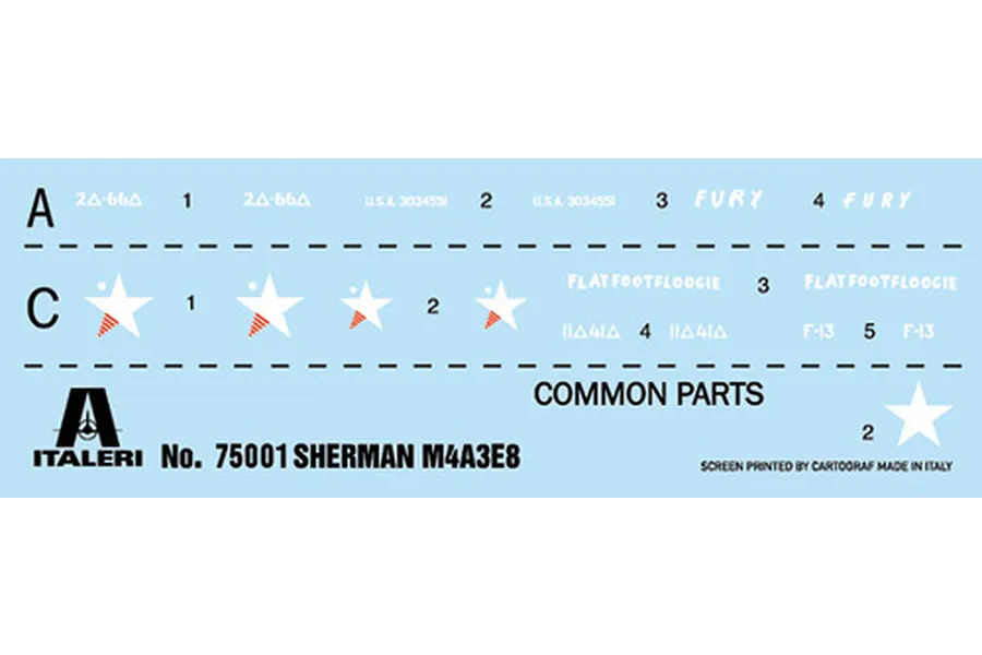 A decal sheet for the Italeri 1/56 Sherman M4A3E8 Fury model kit, featuring various markings, stars, and text labels on a light blue backing.