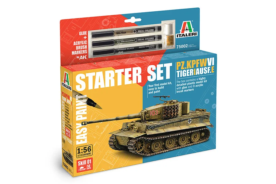 Italeri 1/56 scale Pz. Kpfw. VI Tiger I Ausf. E plastic model starter kit box showing the finished tank model, paint markers, and glue.