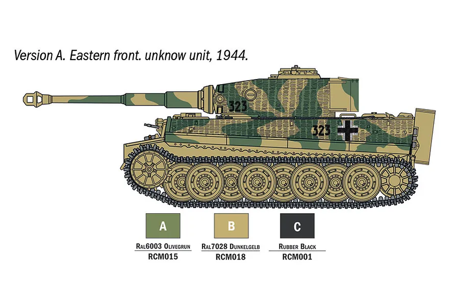 A digital illustration showing the side profile of a German Tiger I tank with camouflage paint, including a color guide for painting the model.