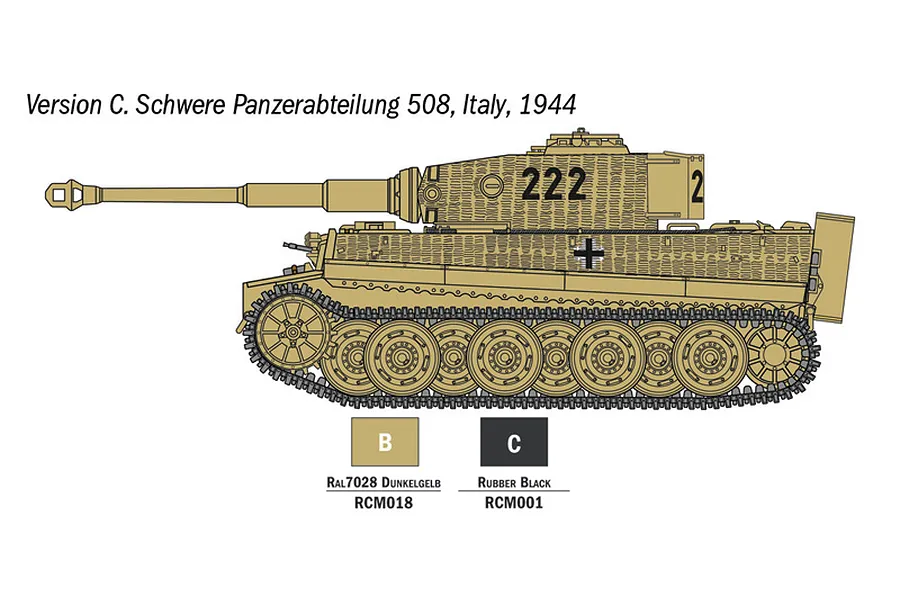 A side-profile technical illustration of a German Tiger I tank, showing paint scheme Version C for Schwere Panzerabteilung 508 in Italy, 1944.
