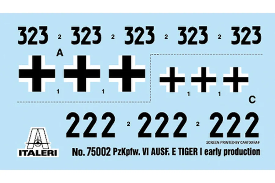 A decal sheet for an Italeri 1/56 scale Tiger I tank model kit, featuring black numbers 323 and 222, and various Balkan cross markings on a light blue backing.