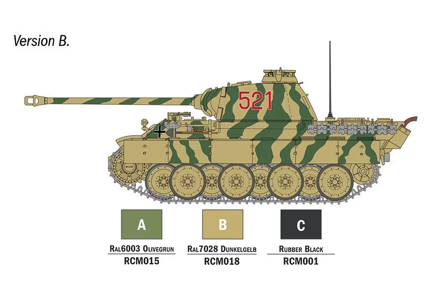 A side-view illustration of a German Panther tank with camouflage paint, labeled Version B, showing color swatches for painting.