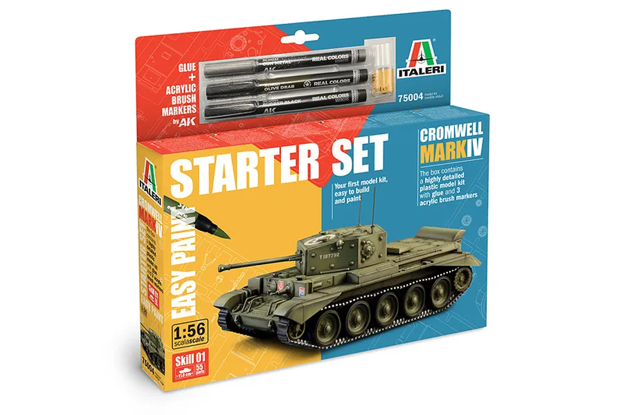 Italeri 1/56 scale Cromwell Mk.IV tank model starter kit box, including glue and three AK acrylic brush markers.