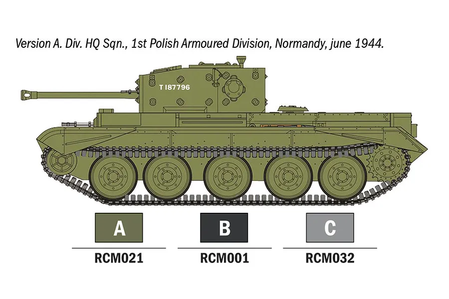 A side-view illustration of a Cromwell Mk.IV tank in olive green, showing paint scheme Version A with color swatches and codes below.