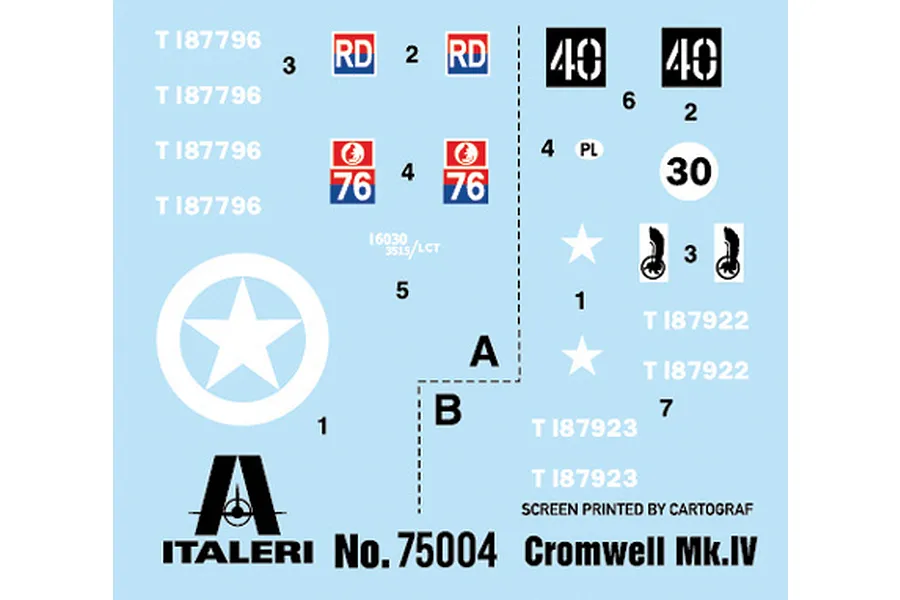 A decal sheet for an Italeri 1/56 Cromwell Mk.IV model kit, featuring various military markings, serial numbers, and unit insignia on a light blue backing.