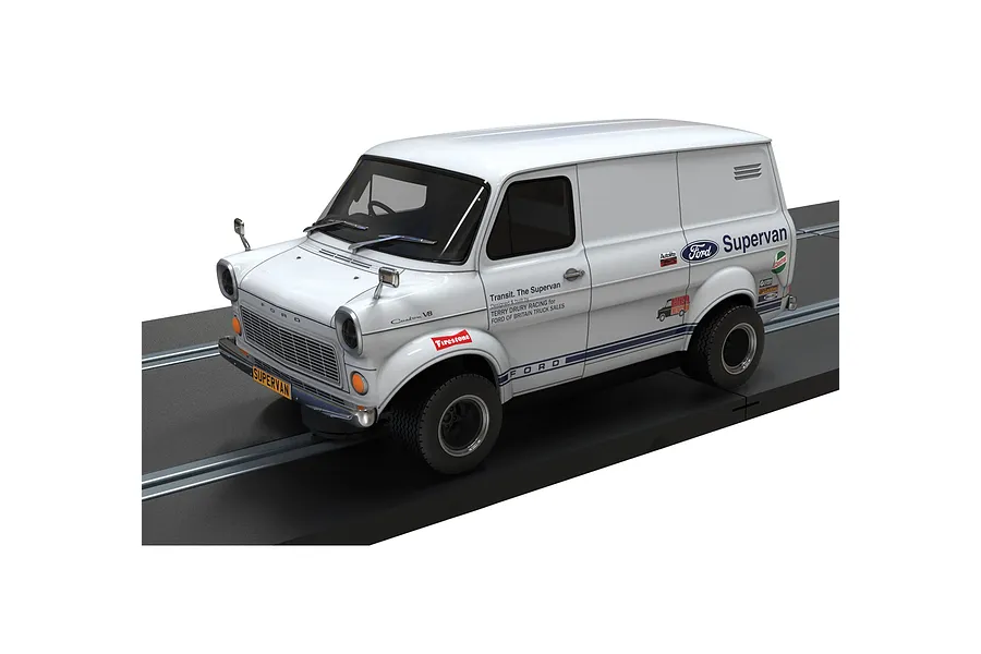 Scalextric 1/32 scale Ford Transit Mk 1 Supervan slot car in white with racing decals on a track section.