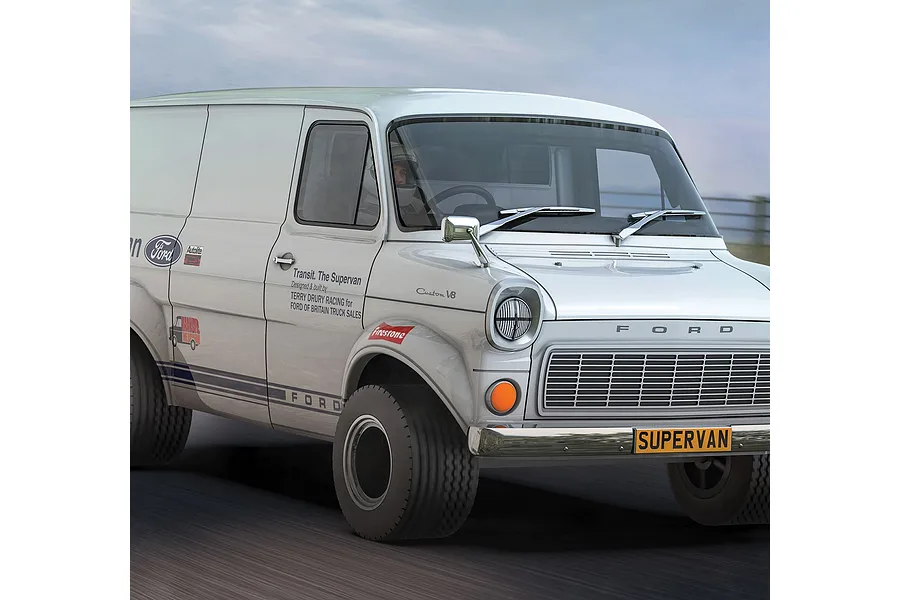 A 1/32 scale Scalextric Ford Transit Mk 1 Supervan slot car in white with racing decals, shown in a dynamic motion blur setting.