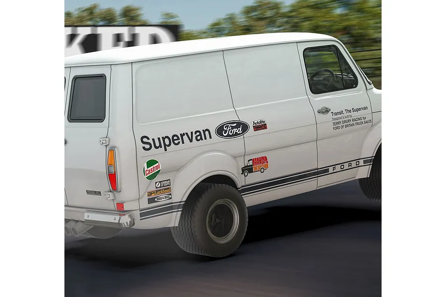 A white Scalextric 1/32 scale Ford Transit Mk 1 Supervan slot car in motion on a track with various racing decals.