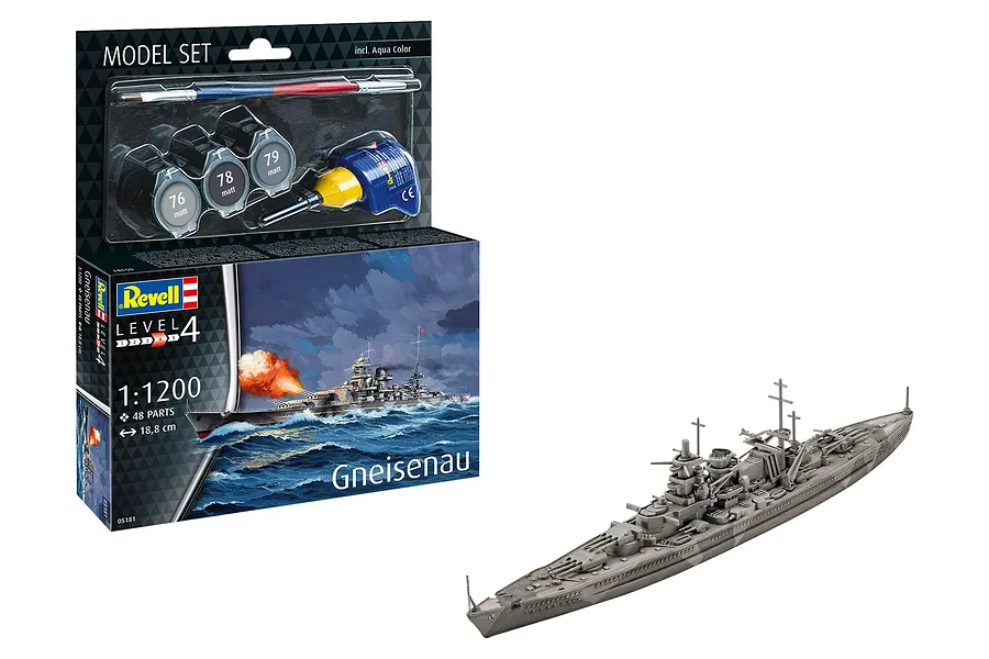 Revell 1/1200 scale Gneisenau battleship model kit box and a fully assembled, painted grey model ship on a white background.