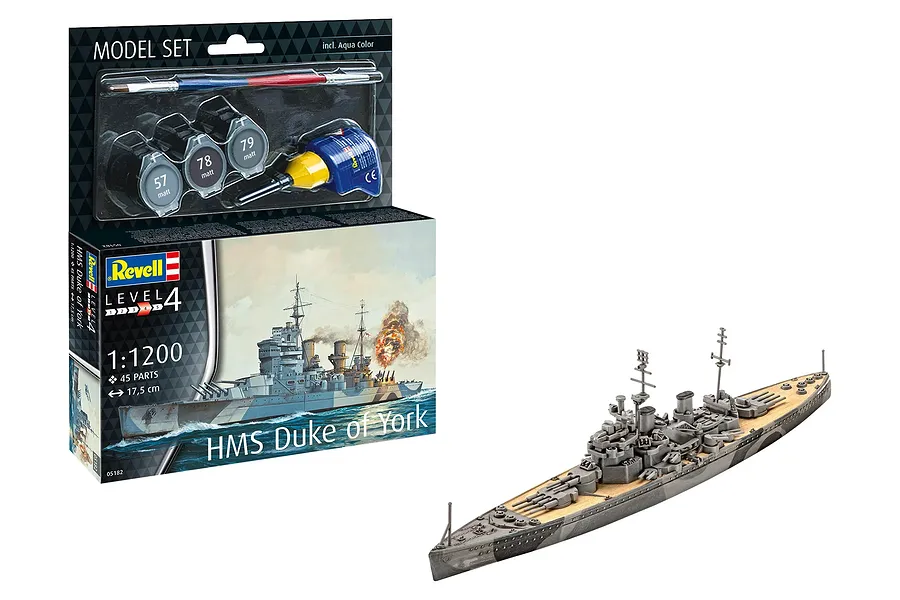 Revell 1/1200 scale HMS Duke of York battleship model kit box and a fully assembled, painted model ship.