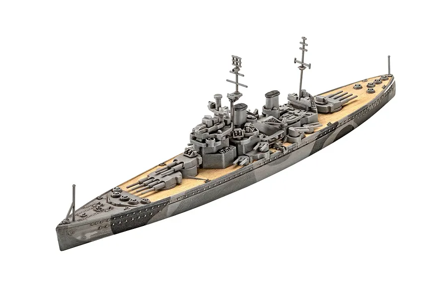 A high-angle studio shot of a fully assembled 1/1200 scale plastic model of the HMS Duke of York battleship, featuring a grey camouflage hull and tan deck.