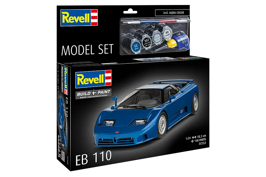 Revell 1/24 scale Bugatti EB110 model car starter kit box showing the finished blue car and included paints, brush, and glue.