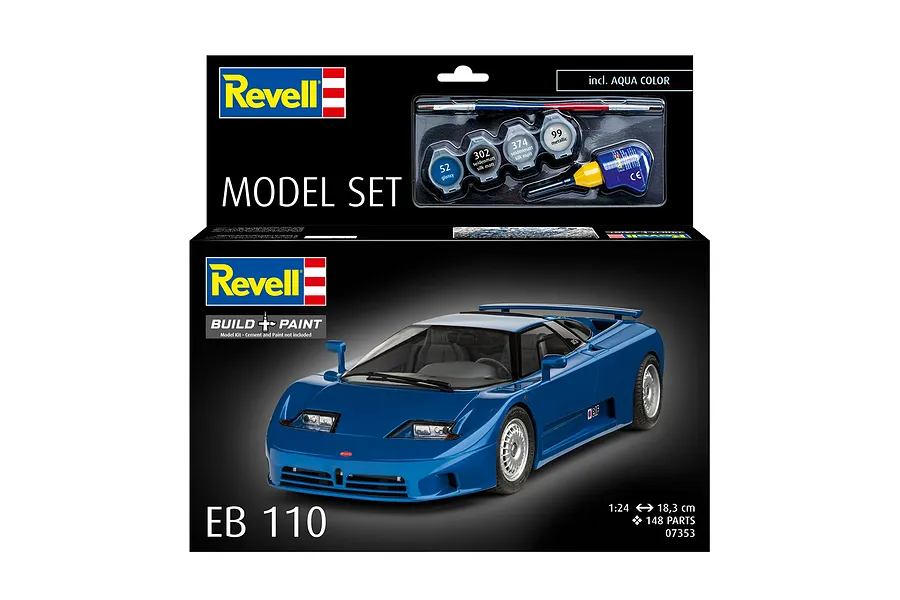 Revell 1/24 scale Bugatti EB110 model car starter kit box showing a blue model car, paint pots, glue, and a paintbrush.